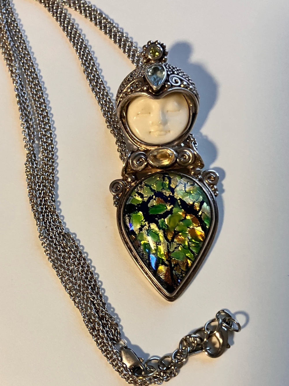 VTG 925 Sterling Silver Carved Moon Face Dichroic Art Glass Necklace 3” Pendant